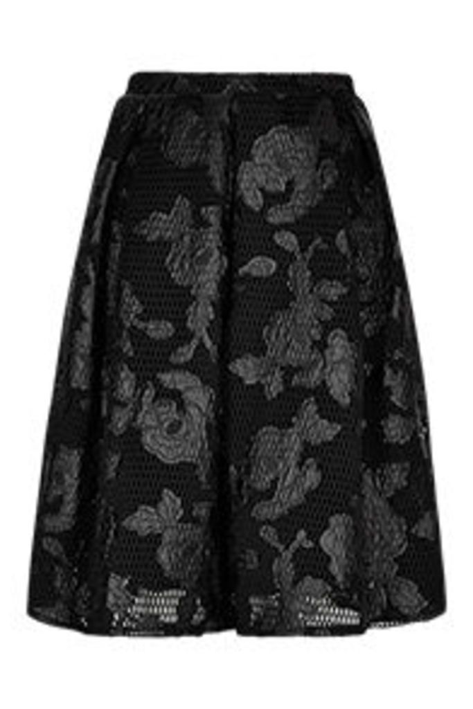 Black Floral Applique Mesh Midi Skirt