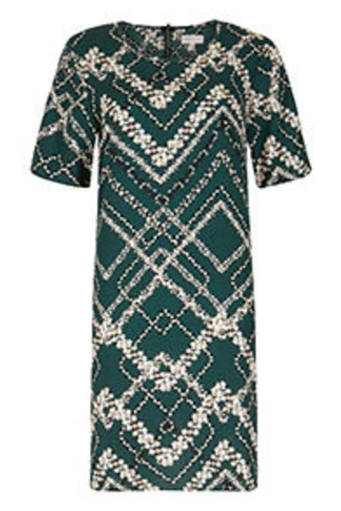 Green & White Floral Zigzag Print Swing Dress