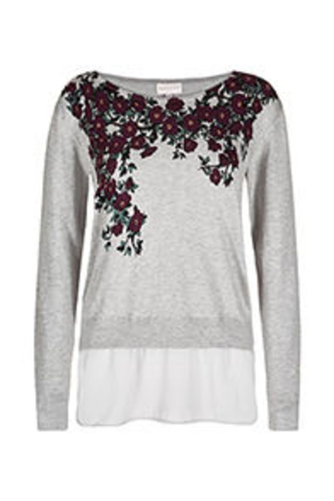 Grey & Burgundy Blossom Print Fine Knit Jumper