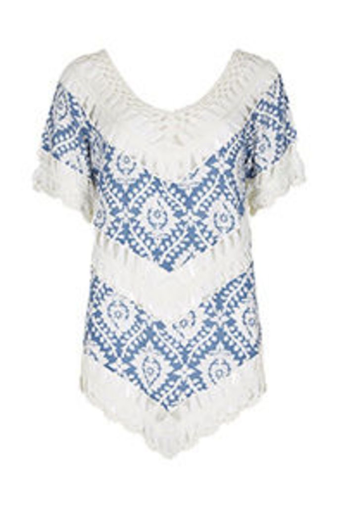 Blue & White Ornate Print Crochet Top