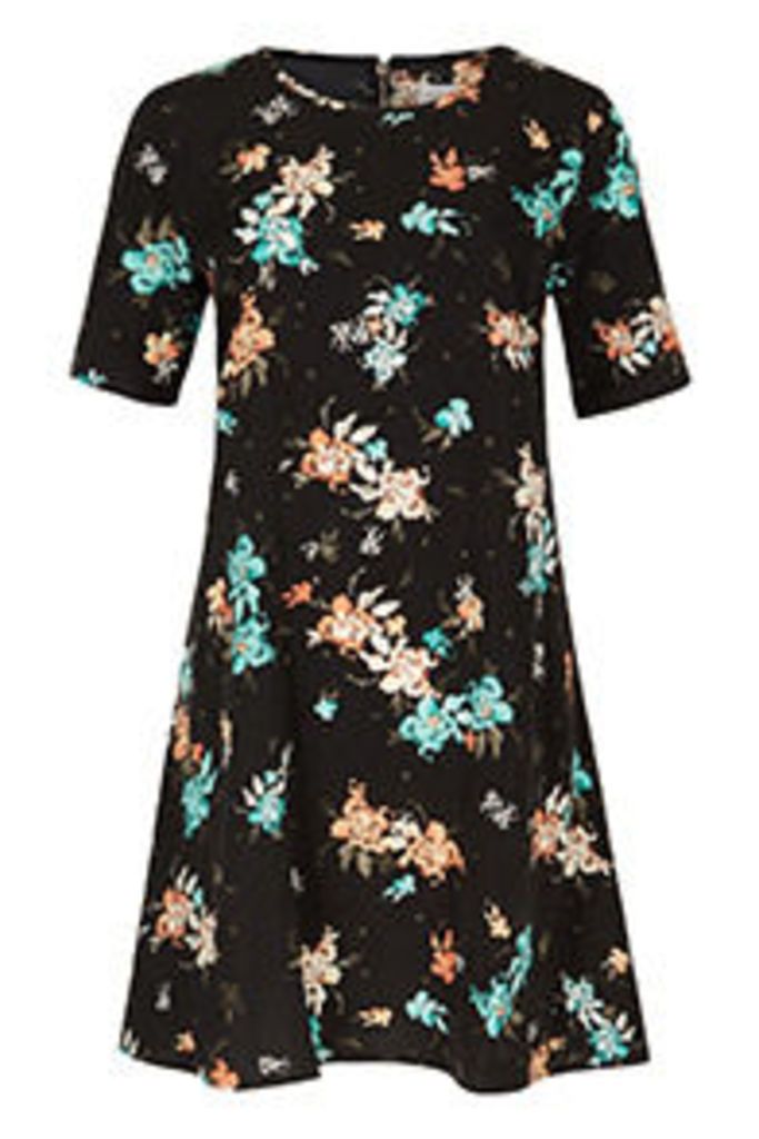 Black Aqua & Coral Tropical Floral Print Swing Dress