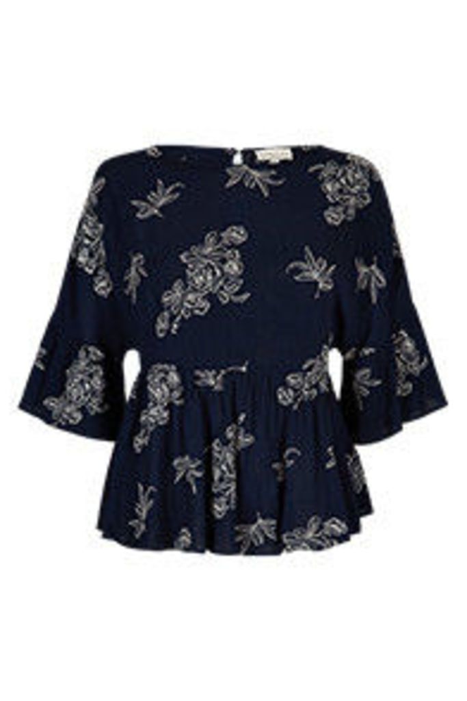 Navy & White Floral Embroidered Outline Swing Top