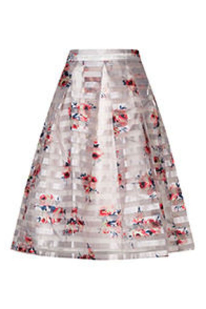 White & Pink Blossom Print Midi Skirt