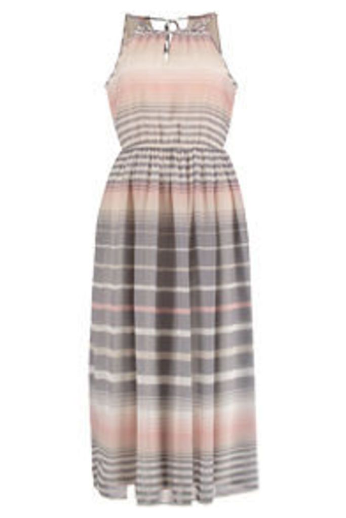 Pink Stone & White Ombre Stripe Print Midi Dress