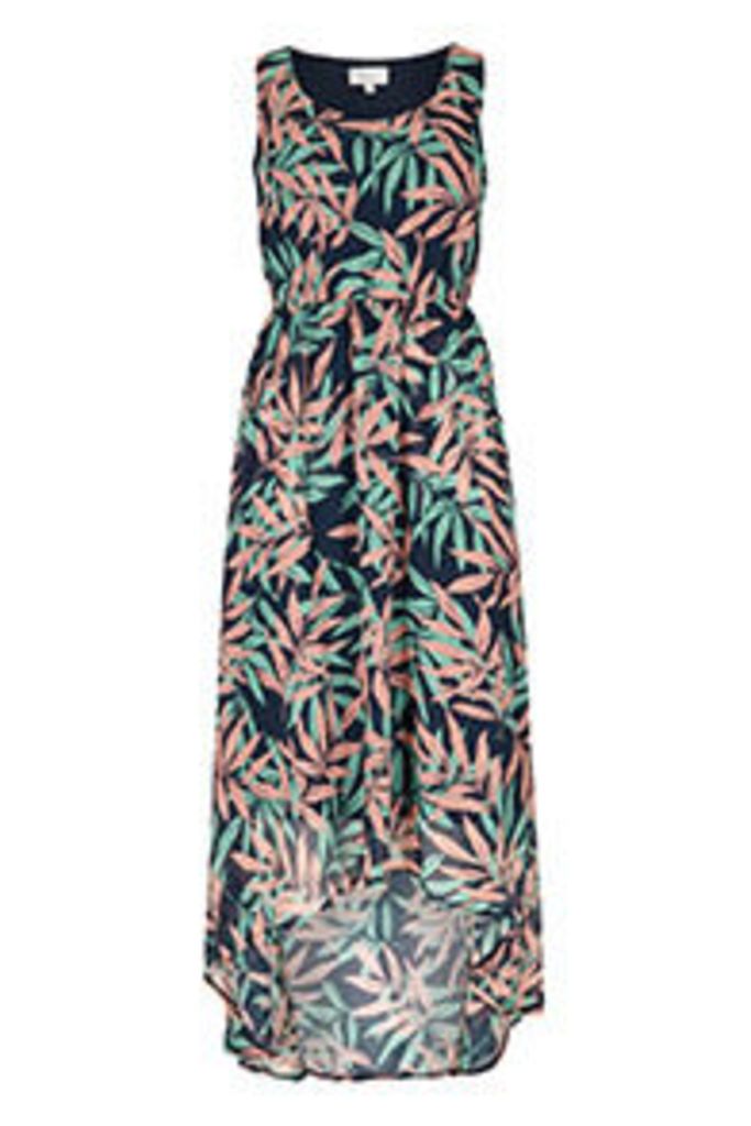 Navy Coral & Aqua Tropical Print Midi Dress