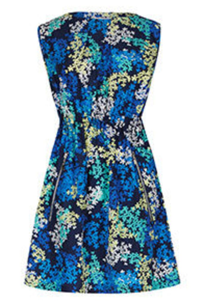 Navy Blue Yellow & Aqua Blossom Print Tea Dress