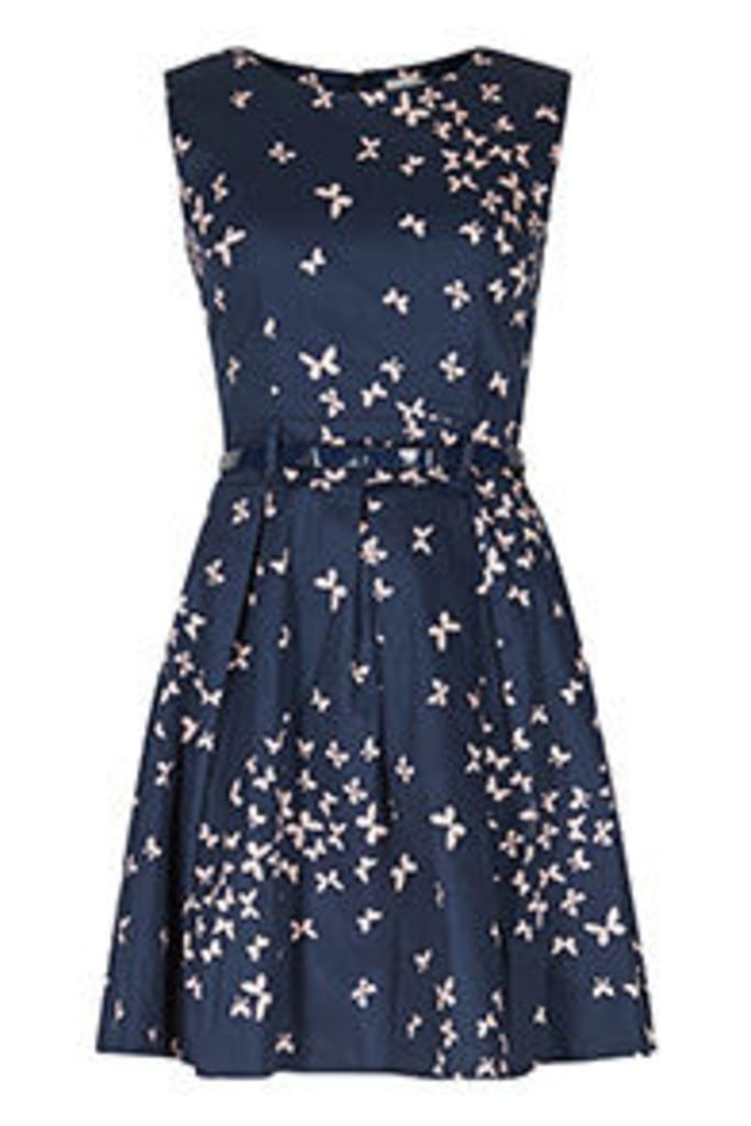 Navy & Pink Butterfly Print Structured Dress