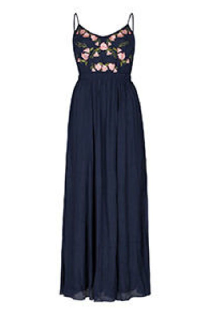 Blue Denim Look Embroidered Roses Maxi Dress