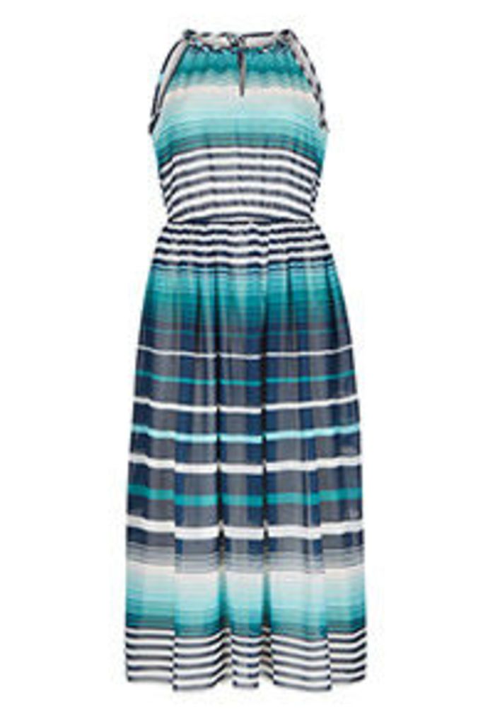 Aqua Navy & White Ombre Stripe Print Midi Dress