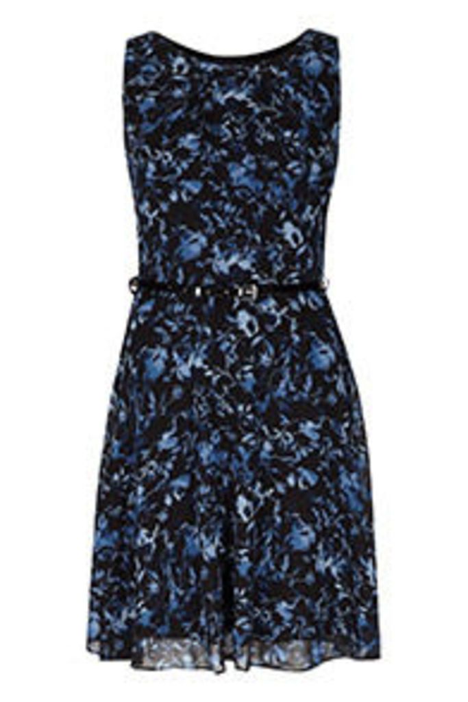 Black Navy & Blue Floral Watercolour Print Structured Dress