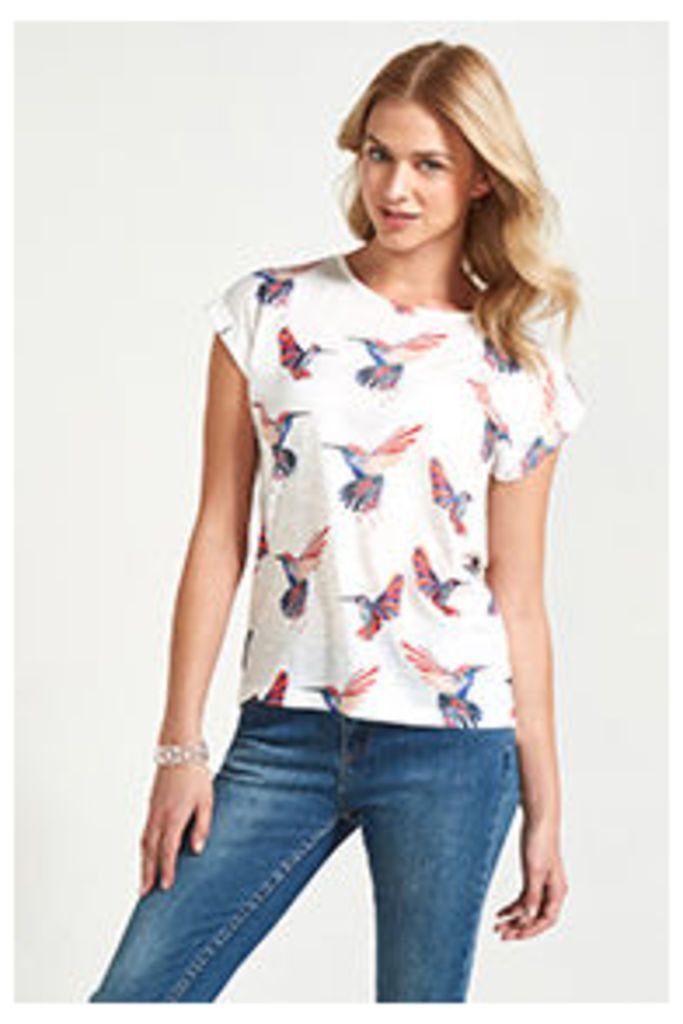White Coral & Blue Inky Hummingbird Print T-Shirt