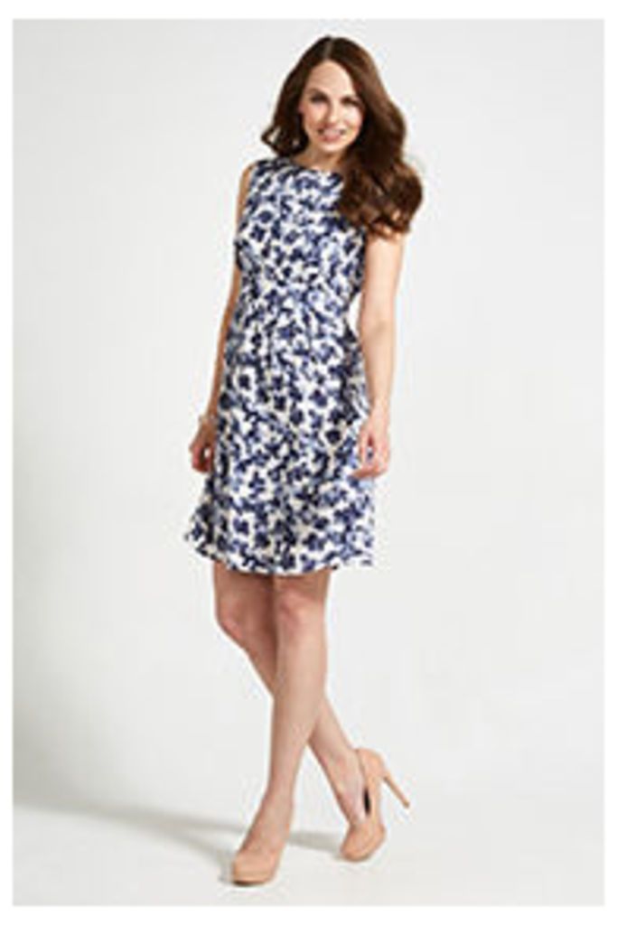 White Navy & Blue Inky Petal Print Structured Dress
