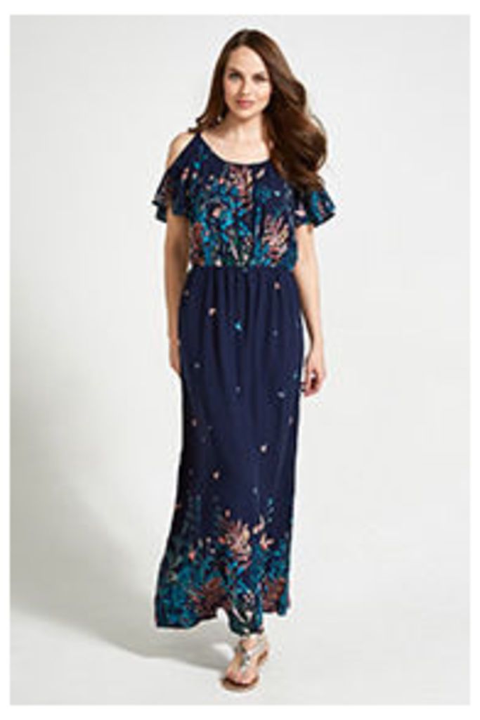 Navy Coral & Blue Floral & Butterfly Print Maxi Dress