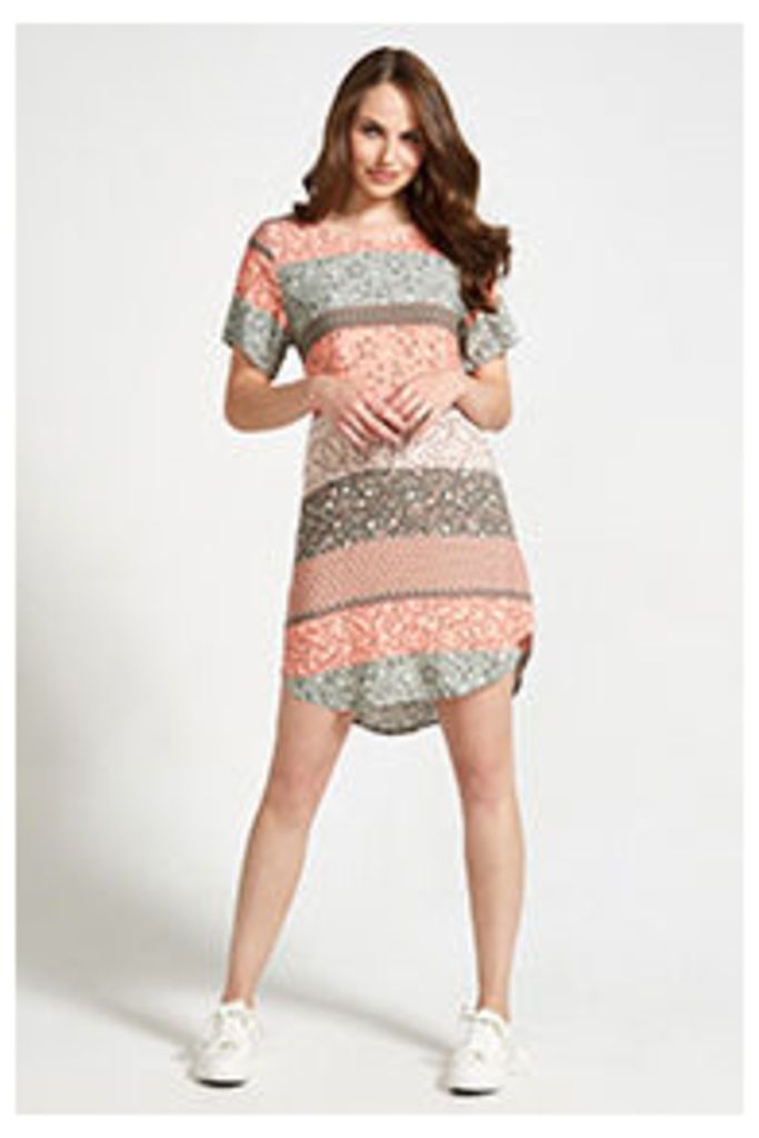 Khaki & Coral Ditsy Folk Stripe Print Shift Dress