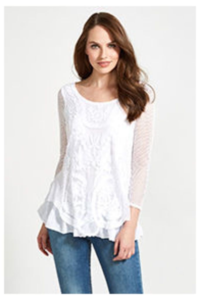 White Embroidered Mesh Tunic Top