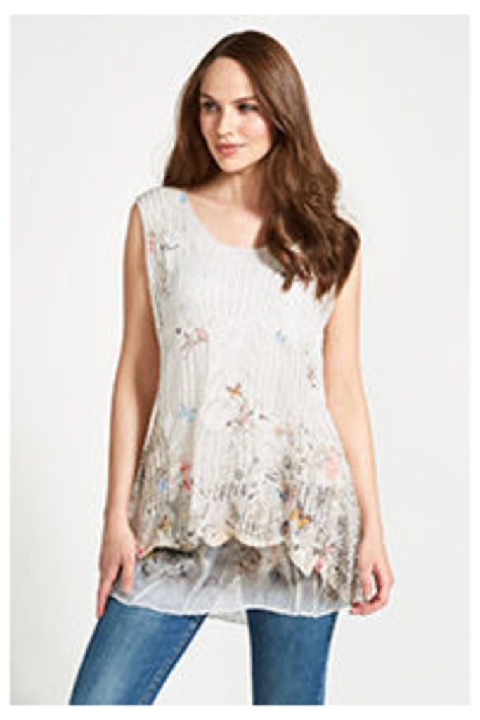Cream Butterfly & Floral Print Mesh Tunic Top