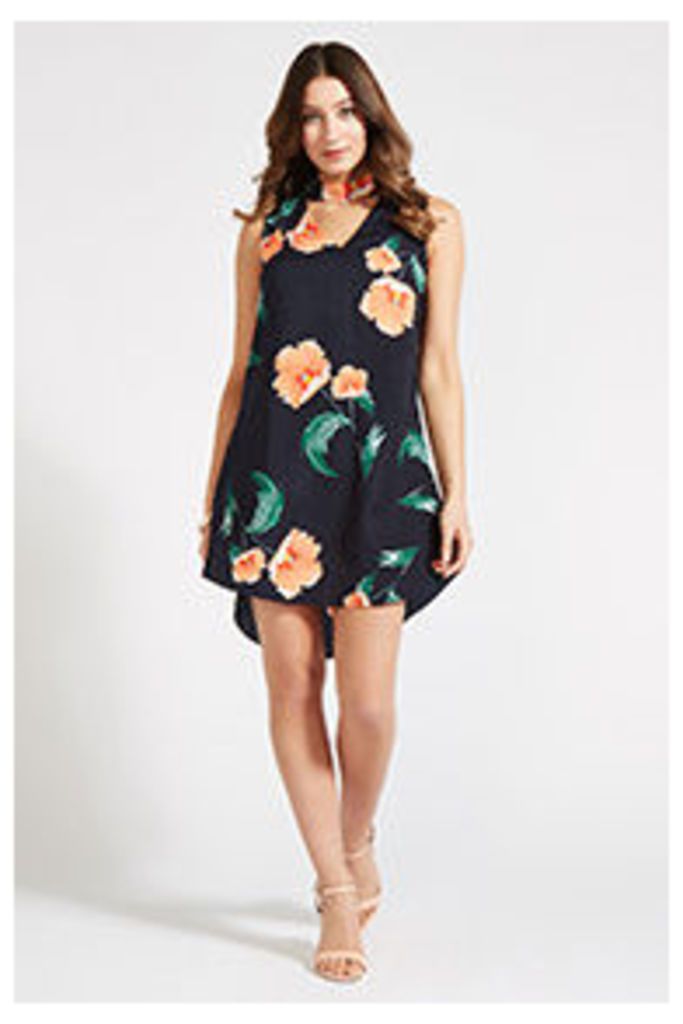 Navy Coral & Green Painterly Floral Print Shift Dress