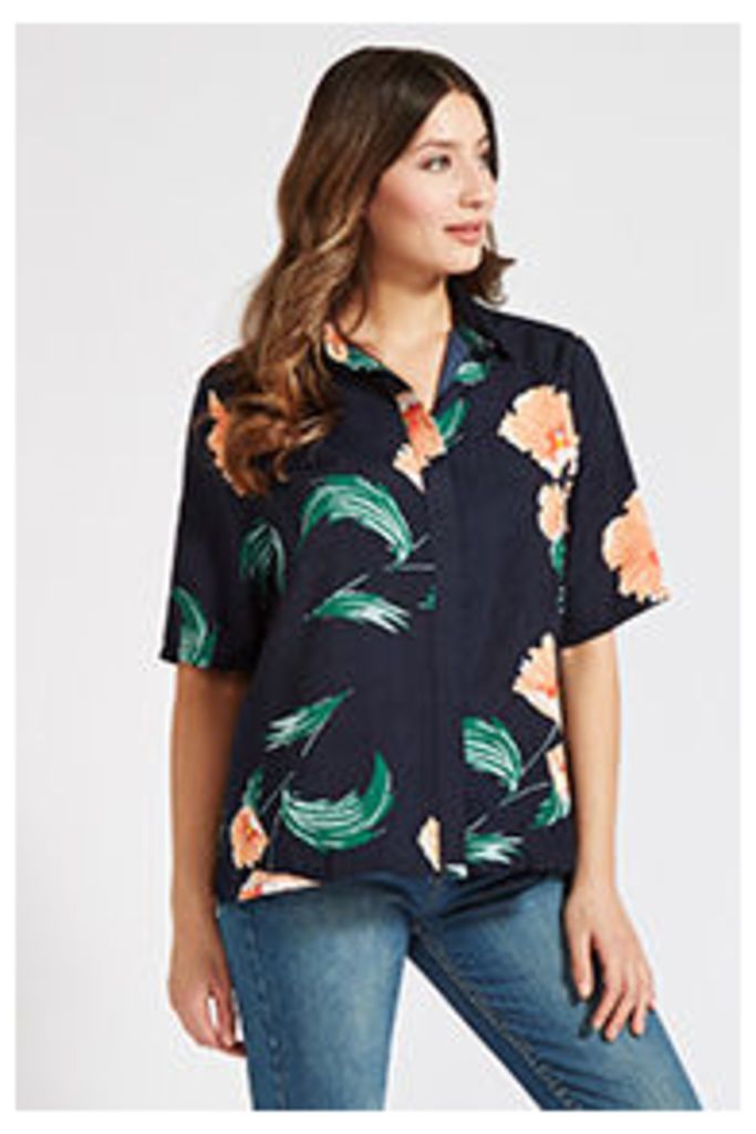 Navy Coral & Green Painterly Floral Print Shirt