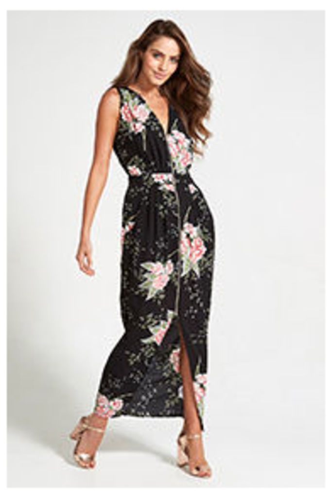 Black Oriental Floral Print Maxi Dress