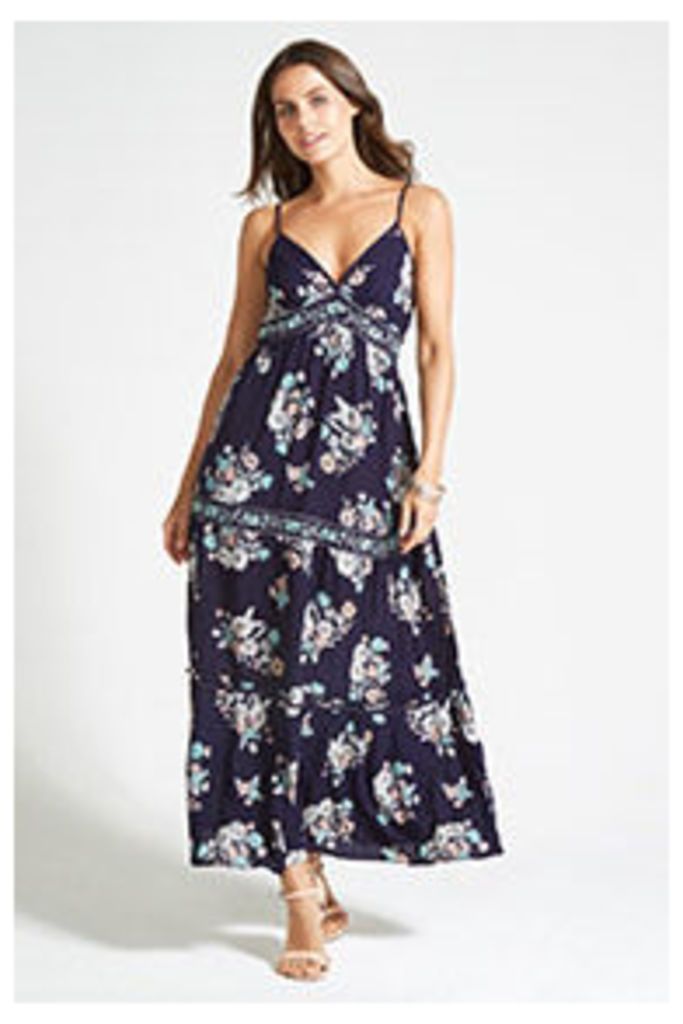 Navy Floral Print Embroidery Tiered Maxi Dress