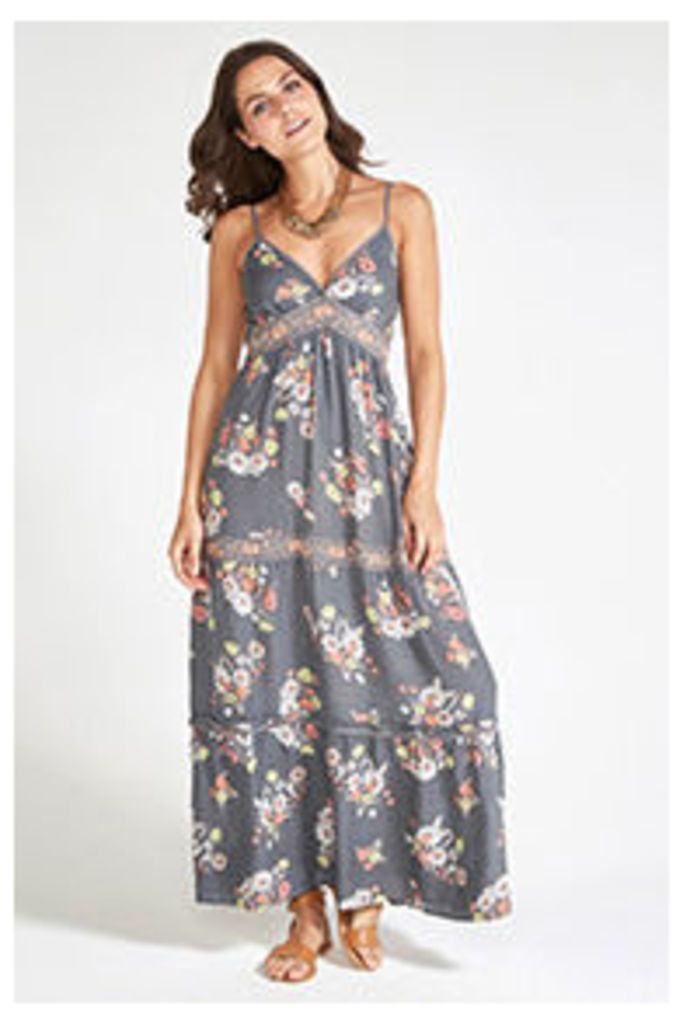 Khaki Floral Print Embroidery Tiered Maxi Dress