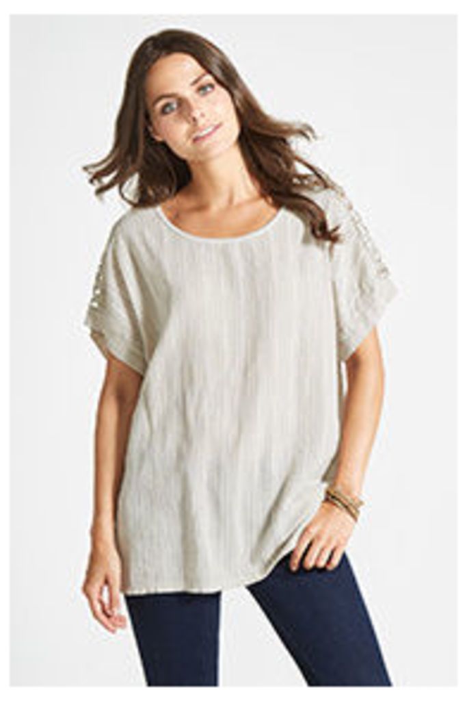 Stone Linen Blend Crochet Shoulder T-shirt