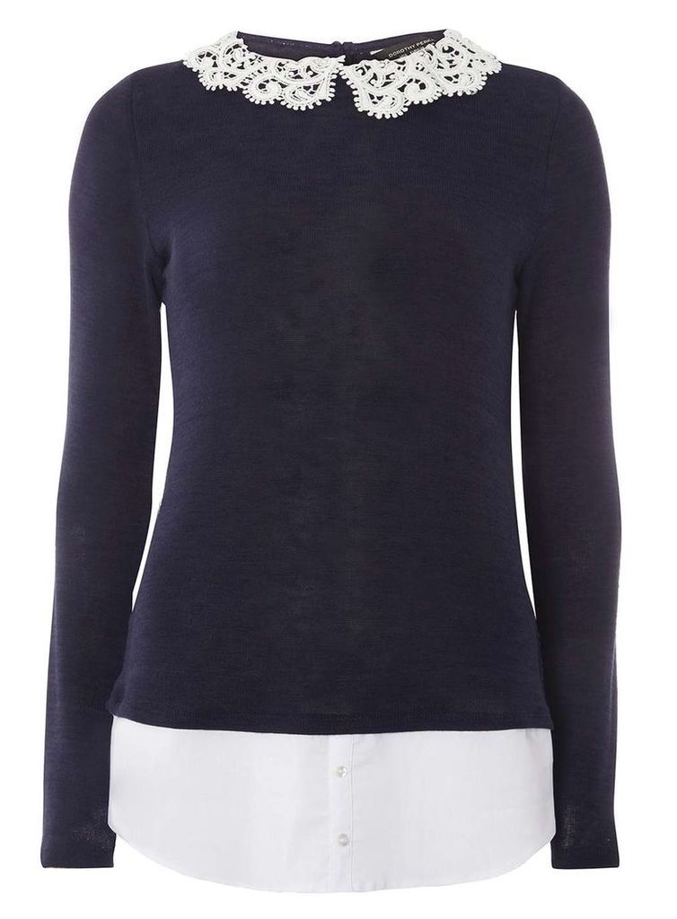 Womens **Tall Navy And Ivory Collar Top- Blue