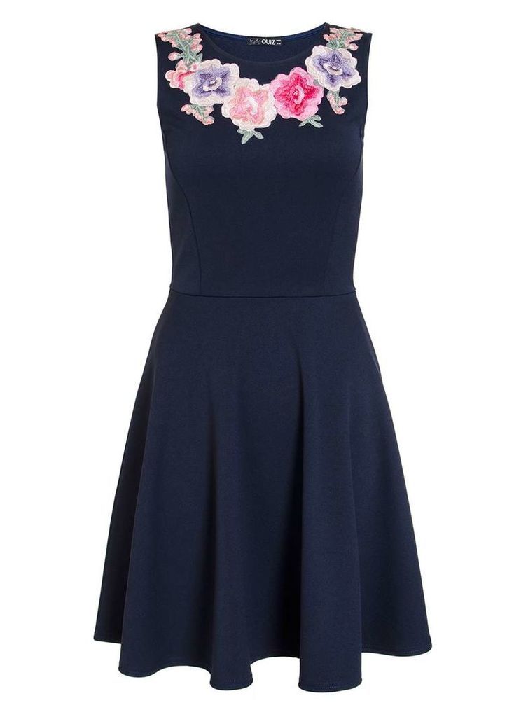 Womens *Quiz Navy Embroidered Skater Dress- Navy