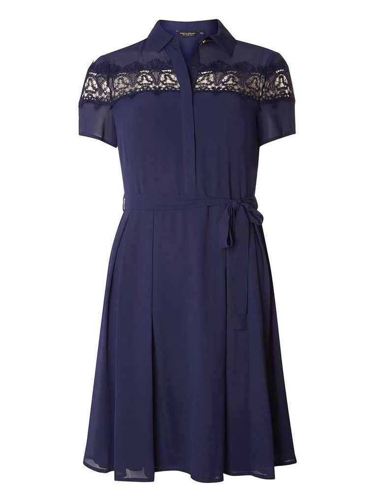 Womens Navy Lace Fit and Flare Shirt Dress- Navy