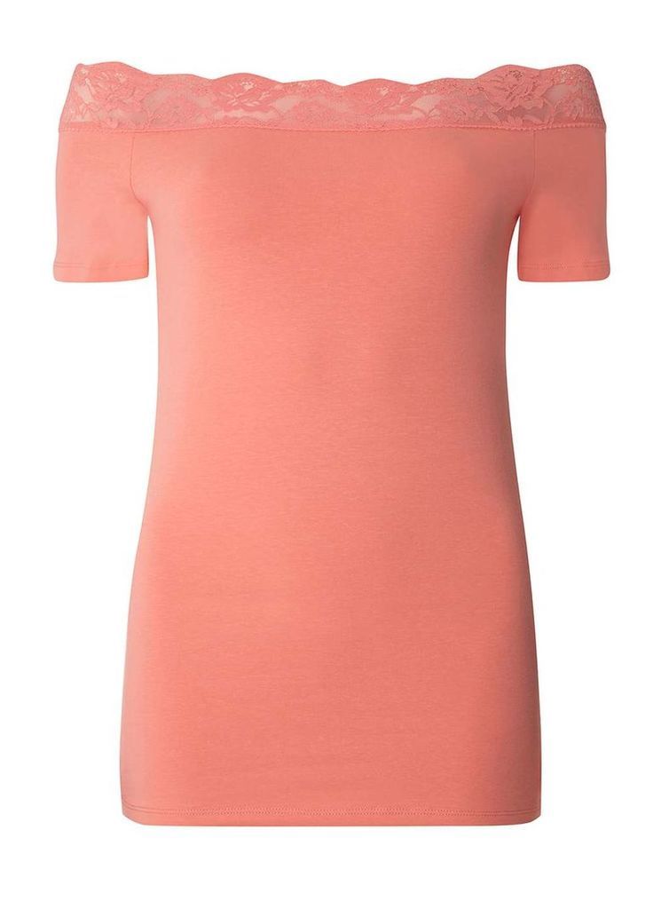 Womens **Tall Coral Lace Trim Bardot Top- Coral