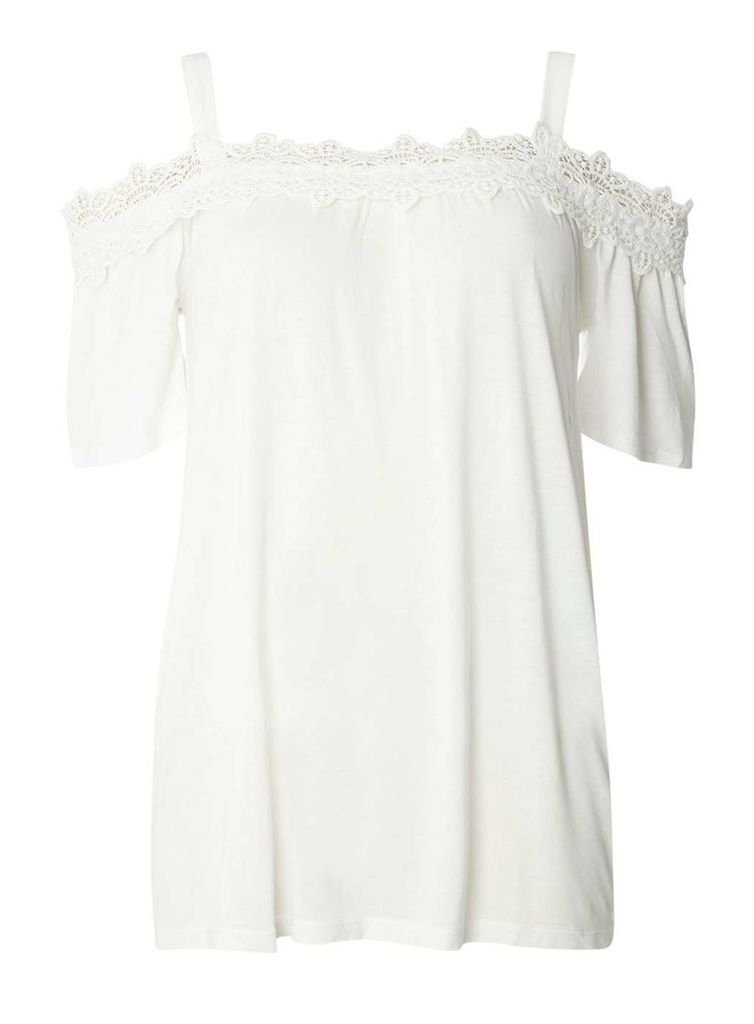 Womens Ivory Lace Trim Cold Shoulder Top- White