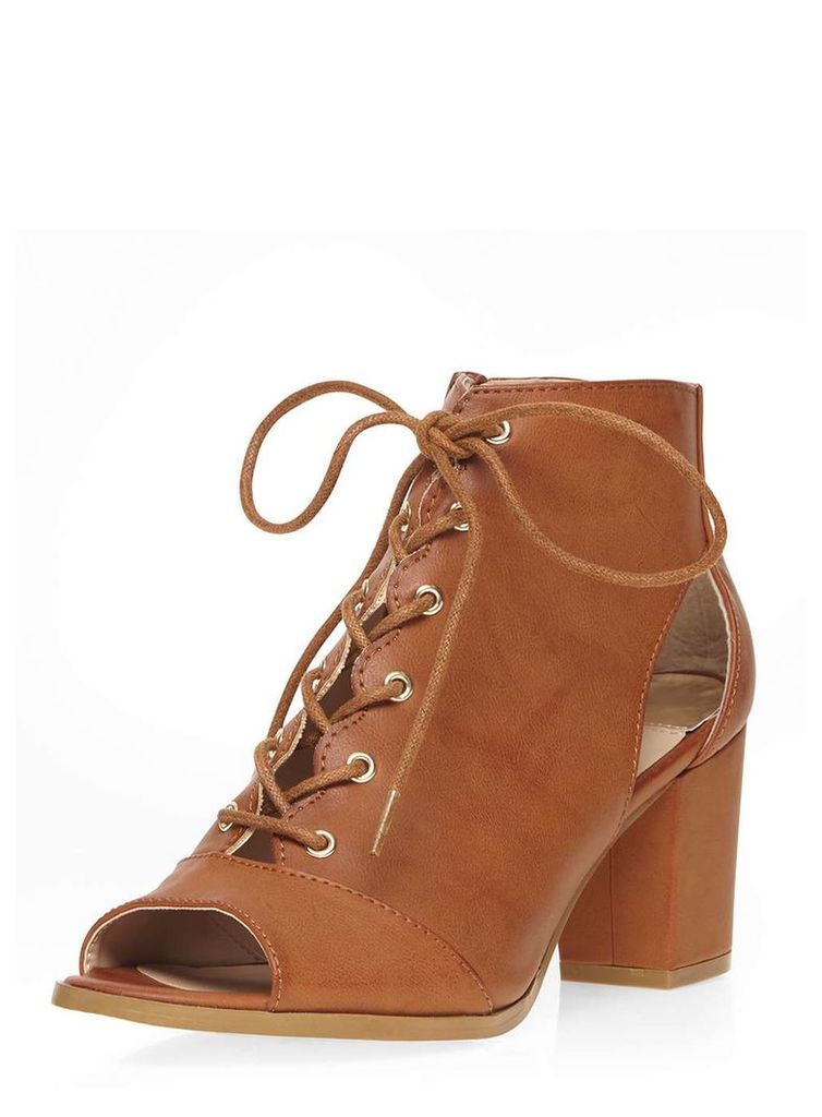 Womens Open Toe Lace Up Heeled Summer Boots- Brown