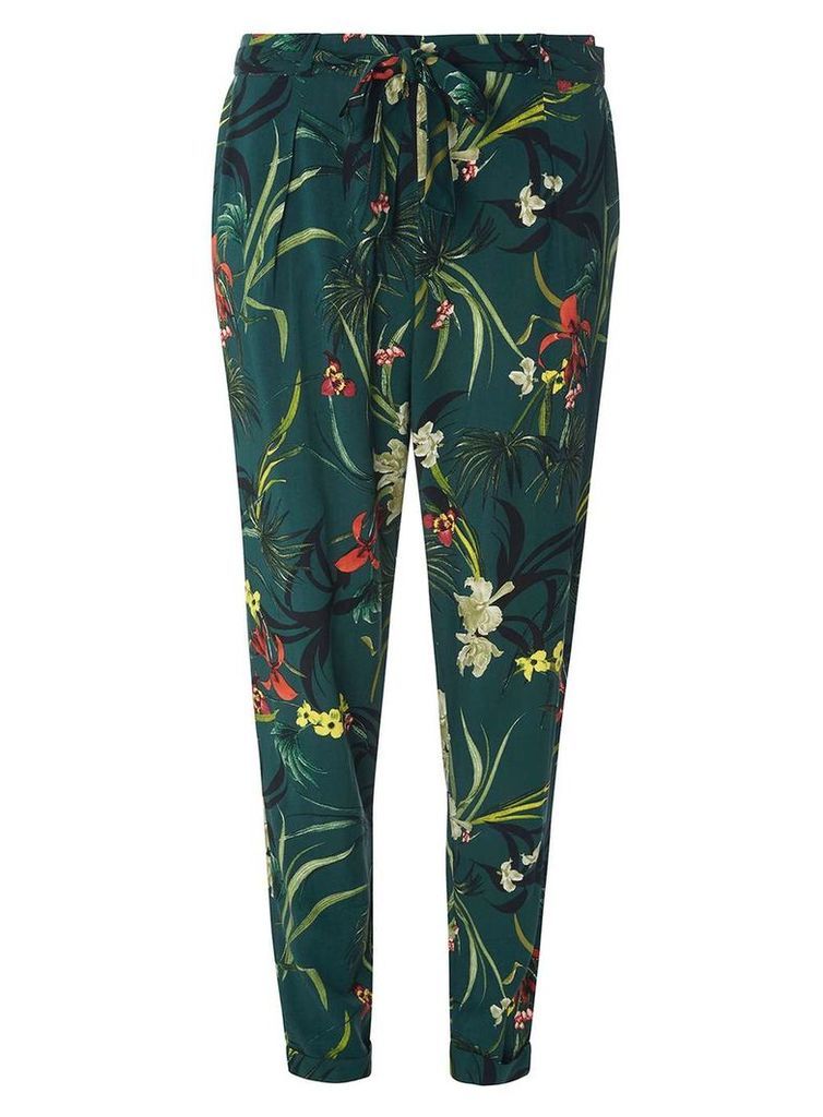 Womens Green Floral Tie Trousers- Green