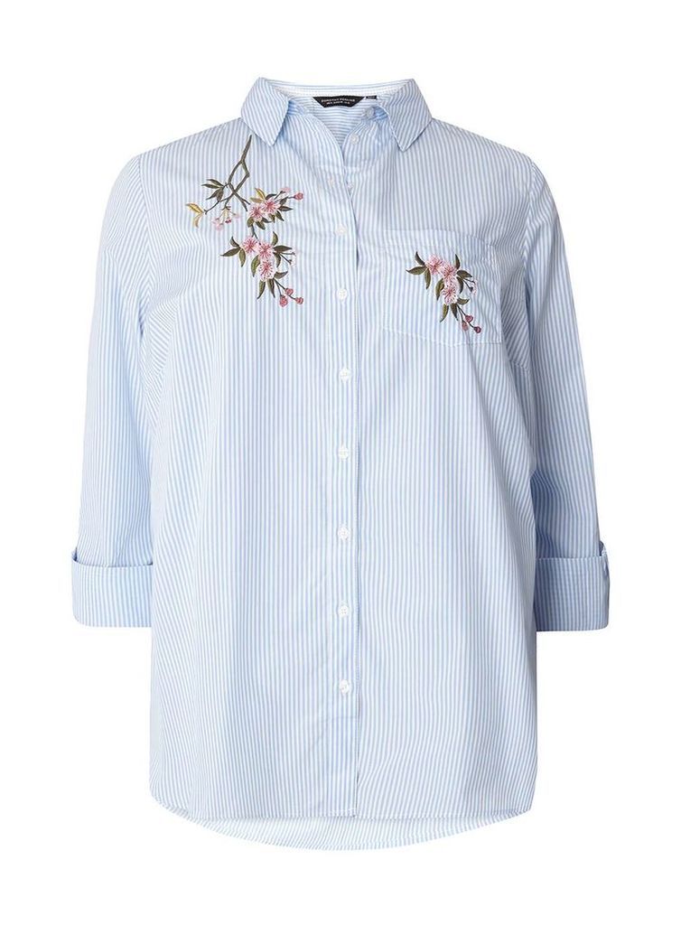 Womens DP Curve Plus Size Blue Striped Embroidered Shirt- Blue