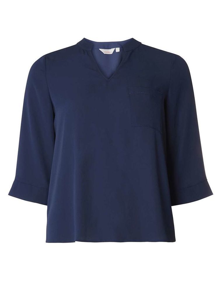 Womens Petite Navy Split Cuff Shirt- Blue