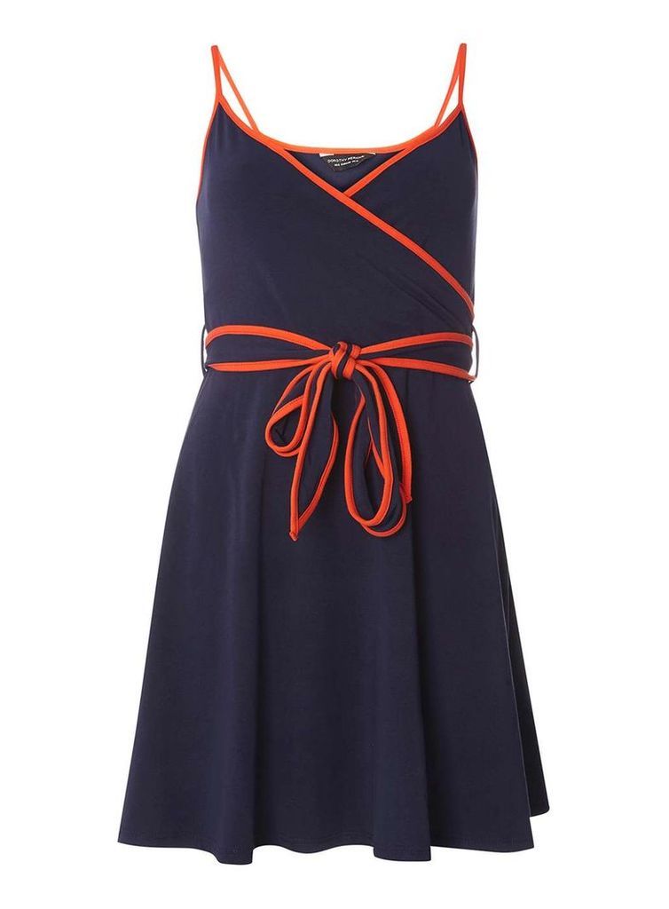 Womens Navy And Orange Wrap Dress- Blue