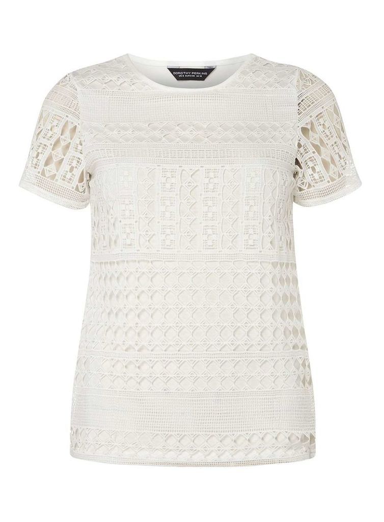 Womens Ivory Geometric Lace T-Shirt- White