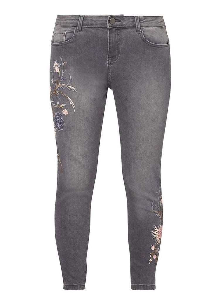Womens Petite Grey Embroidered Jeans- Grey