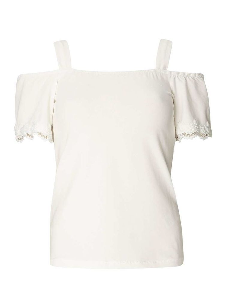 Womens Ivory Lace Trim Cold Shoulder Top- White