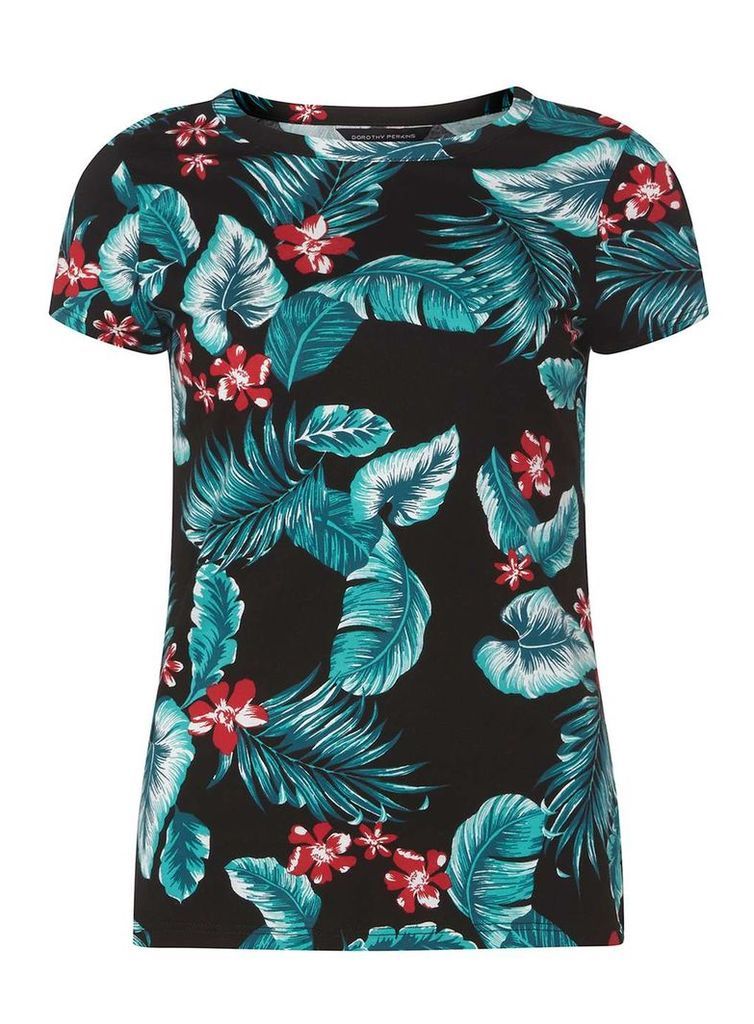 Womens Multi Coloured Tropical Print T-Shirt- Black