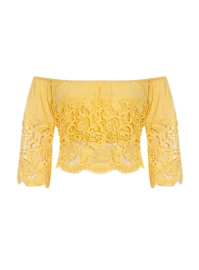 Womens *Quiz Yellow Crochet Bardot Top- Yellow