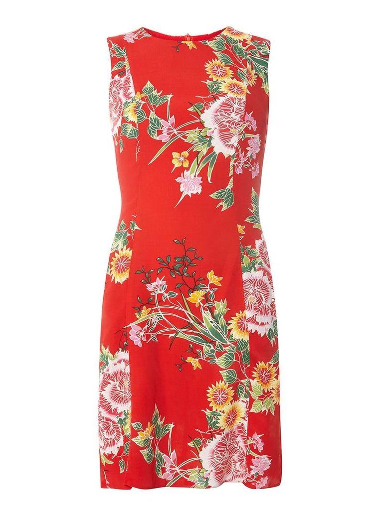 Womens Red Oriental Print Fit And Flare Dress- Red
