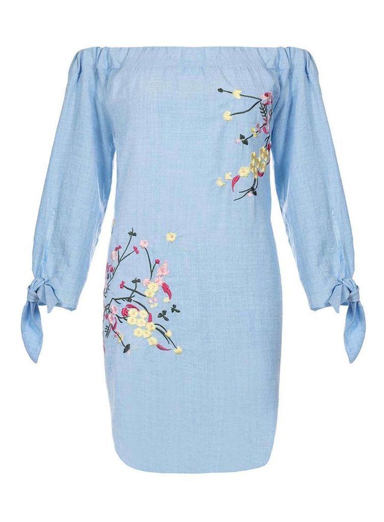 Womens *Quiz Blue Bardot Embroidered Shift Dress- Blue