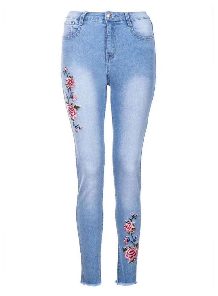 Womens *Quiz Blue Embroidered Ripped Jeans- Blue
