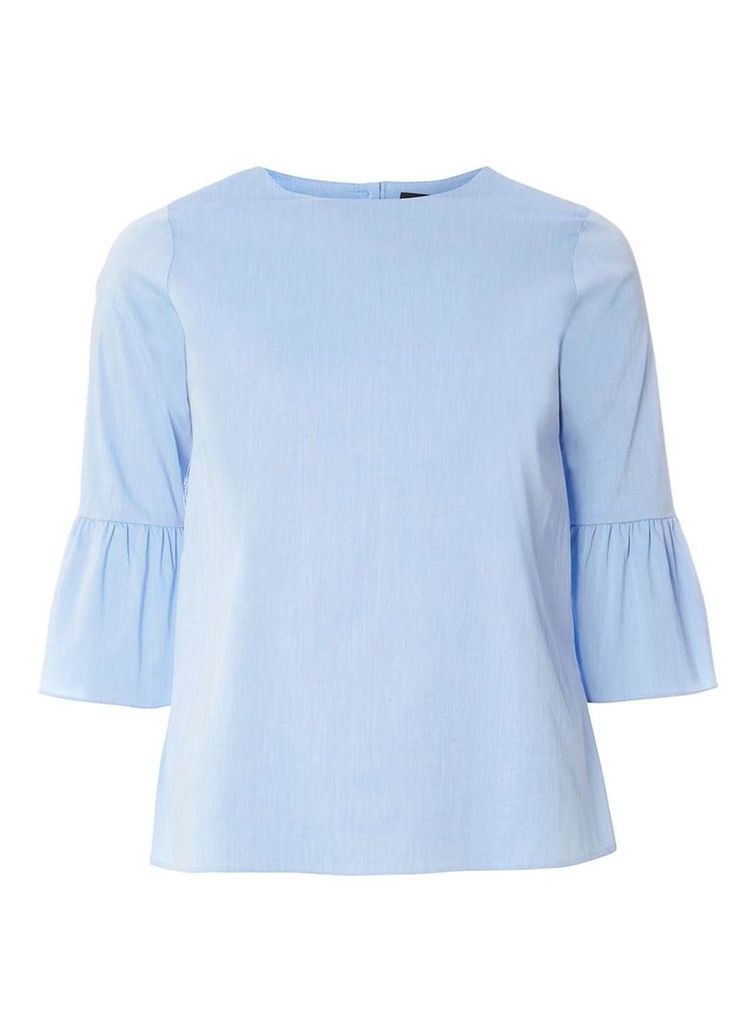 Womens Blue Chambray Flute Sleeve Top- Blue