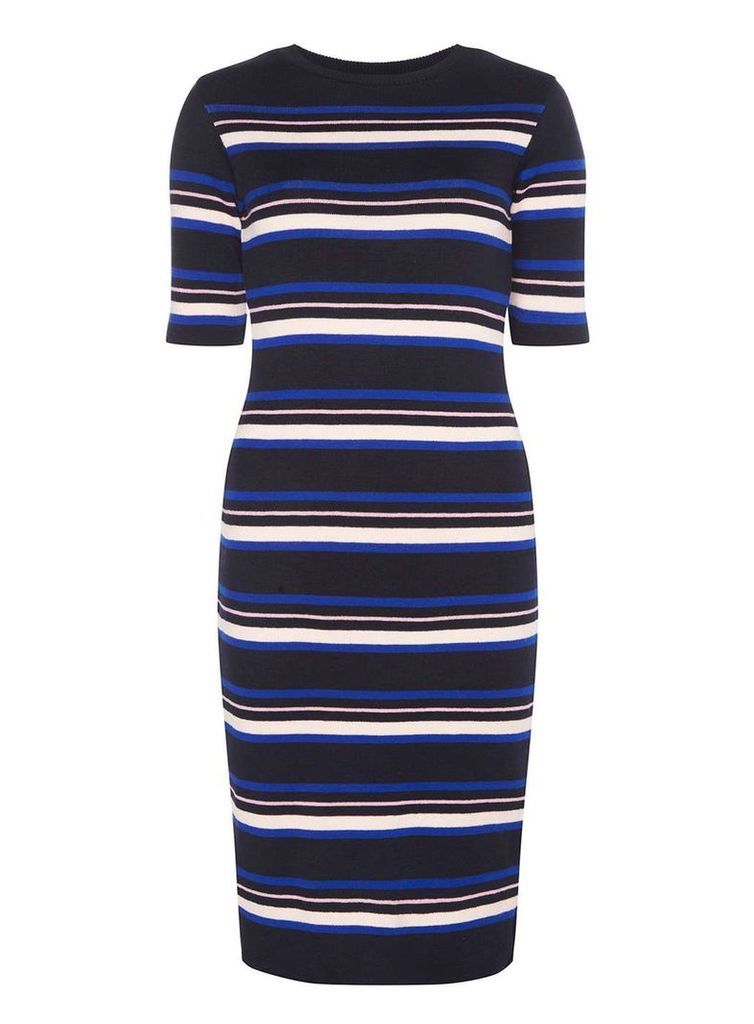Womens Navy, Nude and Pink Stripe Midi Dress- Navy