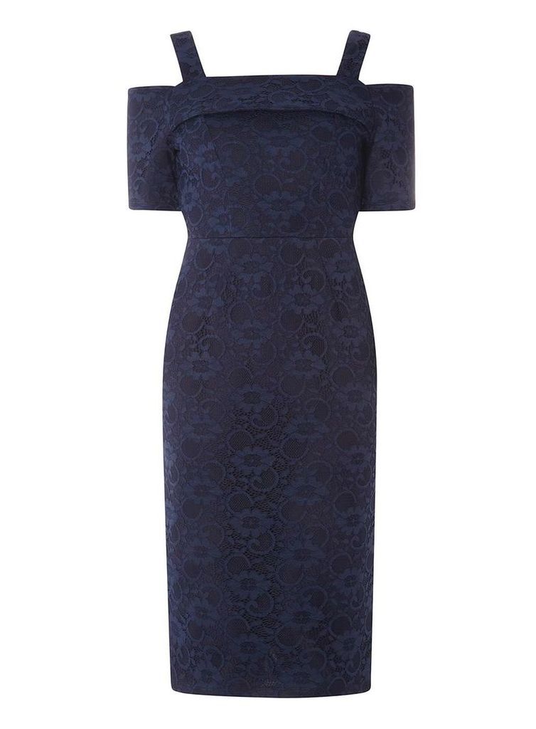 Womens Navy Lace Cold Shoulder Pencil Dress- Navy