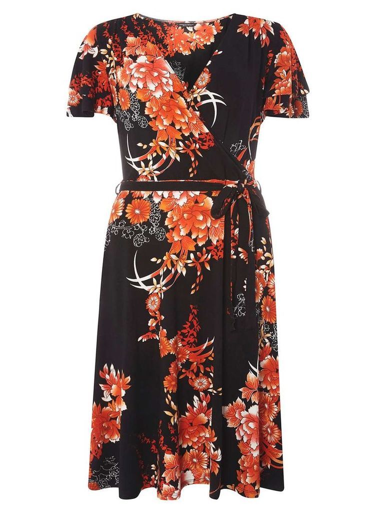 Womens **Tall Oriental Floral Wrap Fit and Flare Dress- Black