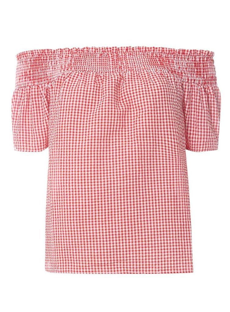 Womens Red Gingham Textured Bardot Top- Red