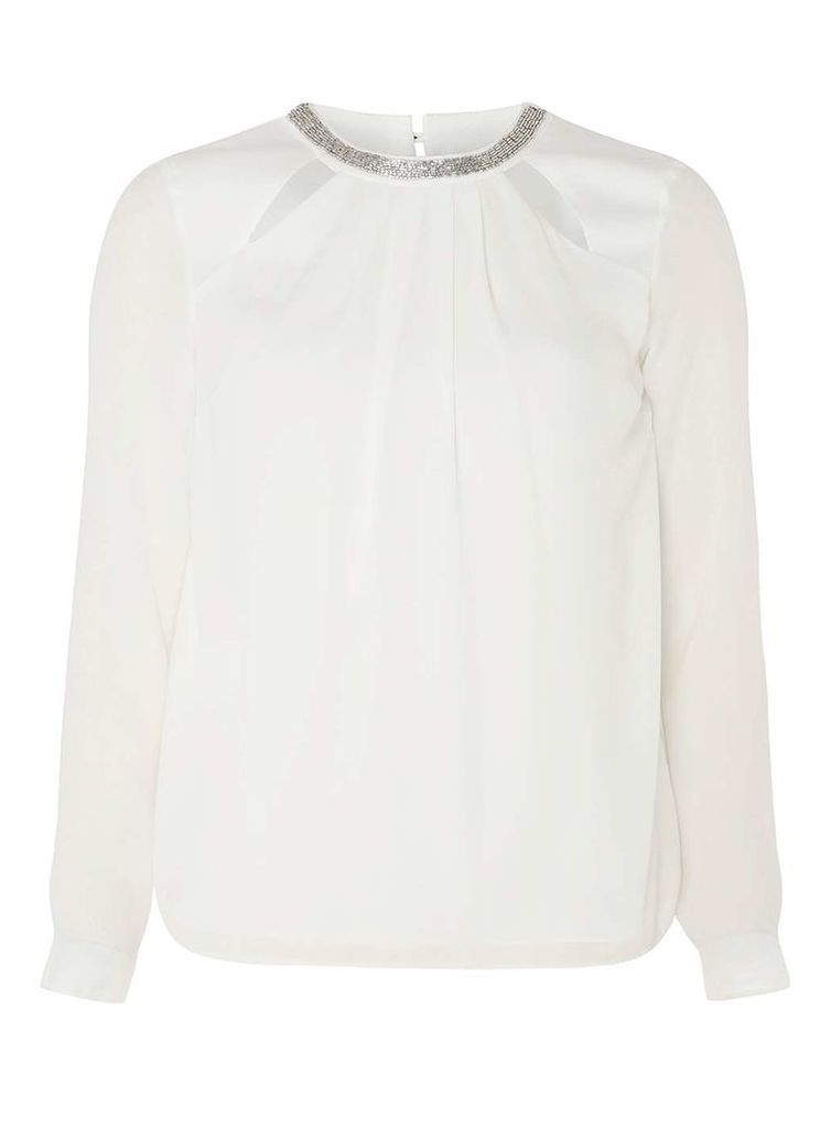 Womens Ivory Embellished Neck Top- White